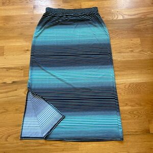 Fun aqua and black striped long skirt with slit